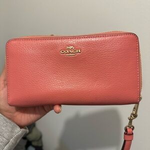 Coach Coral-Pink Leather Zip Wristlet Wallet with Gold Logo